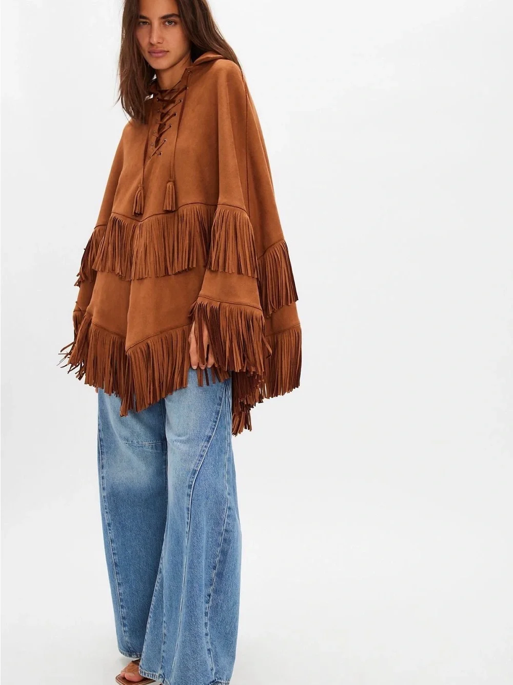 Free People Brown Suede Fringe Poncho